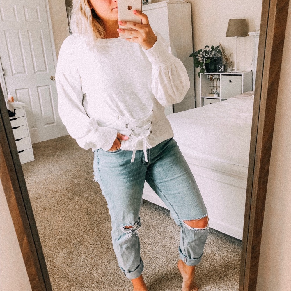 White sweater with ties